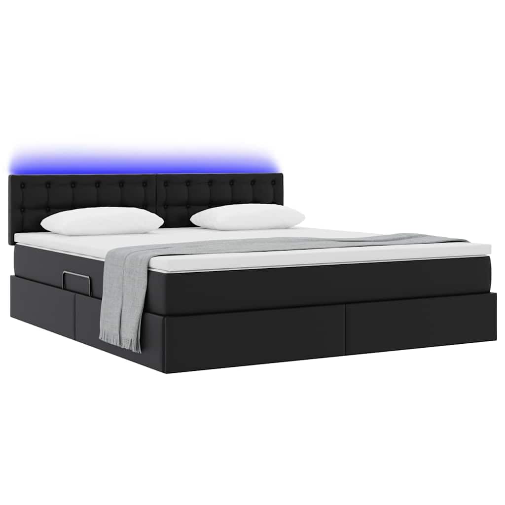 Łóżko z pojemnikiem i materacem z ekoskóry nowoczesne z LED czarny 180x200