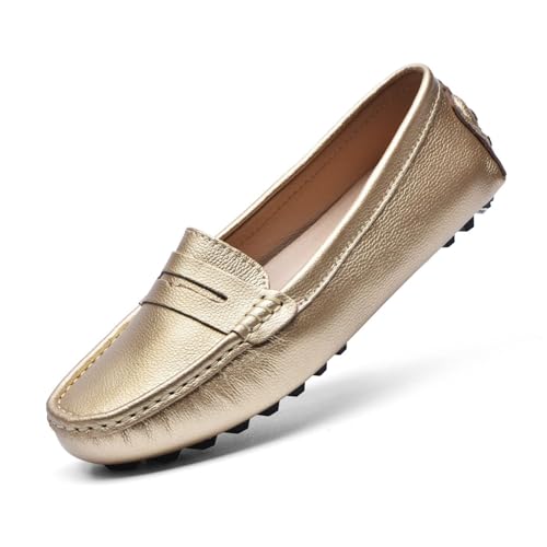 BEAUSEEN Gold Penny Loafers for Women Size 8 Genuine Leather Women's Driving Loafers,8 US