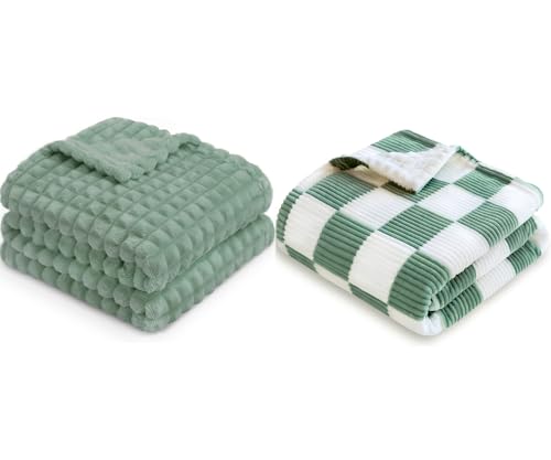 Image of HOMRITAR 2 Pack 3D Flannel Fleece Baby Blanket for Unisex + Corduroy Toddler Blanket with Double Layer 3D Square Grid Backing Sage Green 30 x 40 Inch