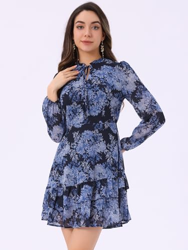 Image of Allegra K Women's Spring Dresses 2026 Tie V Neck Semi Sheer Long Sleeve Layered Tiered Chiffon Mini Floral Dress