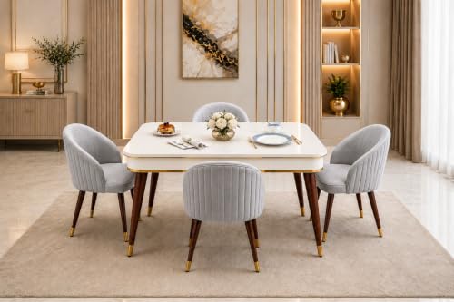 Image of WOODEN SPACE 4 Seater Wooden Dining Table Set | Urban Marble Top Dining Table with Chairs for Dining Room & Kitchen (Majestic Classic Backline Light Grey) (42 x 42 x 30 inch)