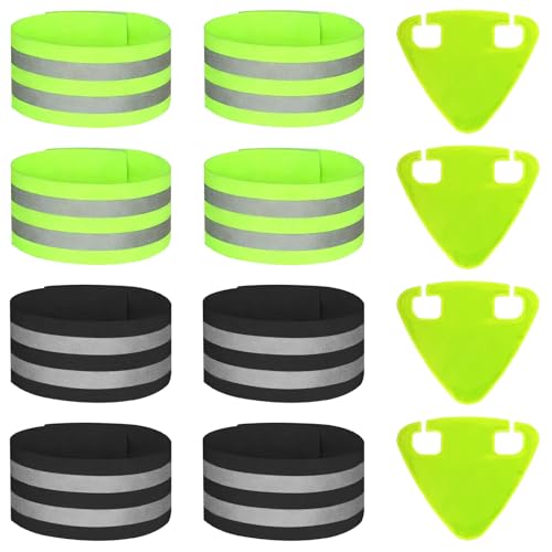 JVNZAM 4 Pairs High Visibility Reflective Bands Wristbands for Cycling Running, with 4 Fluorescent Green reflectors，Arm Wrist Ankle Bands, Leg Straps Safety During Nighttime (Black+Green)