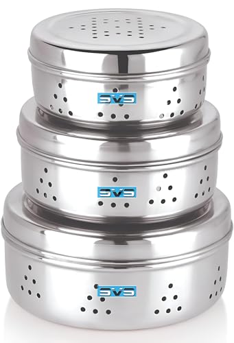 Image of Stainless Steel Green Coriander Storage Box Curry Leaves Box Set, Sprouts with air Ventilation Food containers Silver Dabba Flat Box Steel Dabba (set of 3)