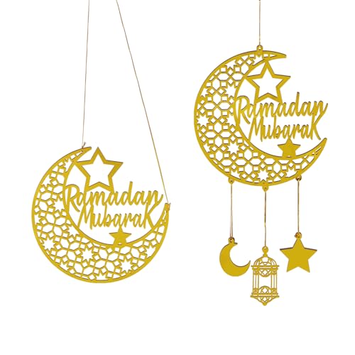 2PCS Ramadan Mubarak Hanging Decorations, 8×8'' Golden Acrylic Eid Decor with Rope, Islamic Castle Star Moon Ornament for Home Door Wall, Muslim Eid Al-Fitr Party Supplies and Kareem Gift