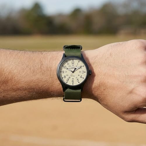 Timex Men's Expedition Scout 40mm Watch β Black Case Cream Dial with Green Fabric Strap - 3