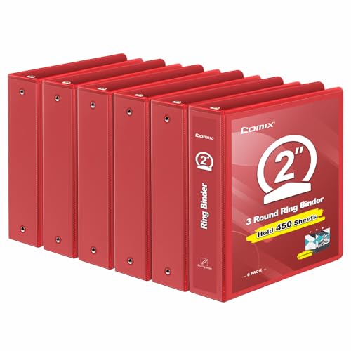 COMIX 3 Ring Binder 2 inch with Clear View Cover, 2" View Binder Holds 450 Sheets of US Letter Size Paper, 6 Pack (Red)