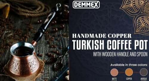 Image of DEMMEX 15 oz Large Copper Turkish Coffee Pot Cezve Ibrik Greek Coffee Briki Stovetop Coffee Maker with Wooden Handle & Spoon, 1mm Thick Copper, Handmade & Engraved in TURKEY, 6 Servings