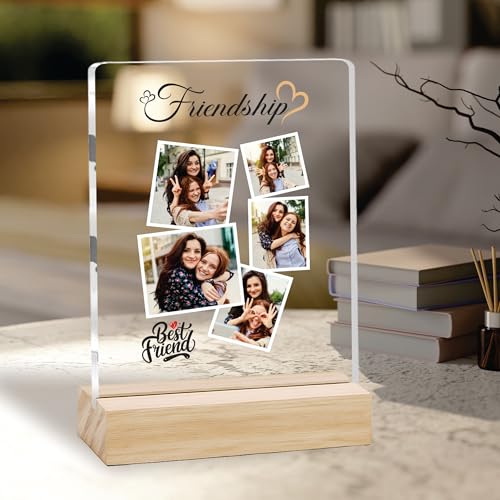 Image of Giftplease Customized Friends Plaque with Wooden Stand | Personalized Photo Frame with Quote | Best Friend Birthday Gift, Farewell Gift, Friendship Day Gift for BFF Keepsake Room Decor FR 07