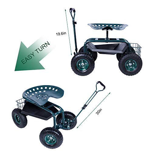 KARMAS PRODUCT Steerable Garden Stool Cart with Tool Tray and Storage Basket on Wheels Rolling Work Seat Heavy Duty Scooter with Extendable Steer Handle Green