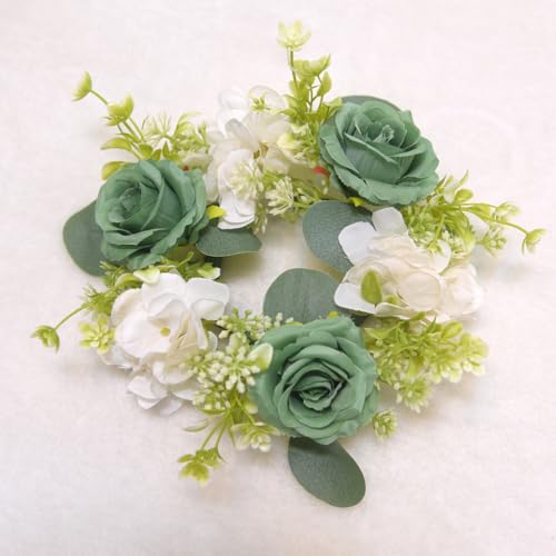 Huilimei 4 Stück Kerzenringe, Kränze, künstliche Hortensienkranz, Kerzen, Kränze für Säulen, Weihnachten, Hochzeit, Zuhause, Tischdekoration, Grün