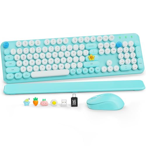 Wireless Keyboard and Mouse Combo, Full-Size Retro Typewriter Keyboard with Detachable Wrist Rest, Round Keycaps, Sleep Mode & Tilt Legs, 2.4GHz Cordless Connection for Windows/PC (Robin Egg Blue)