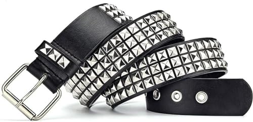 Square bead willow nail metal belt, 3.8cm wide pyramid neutral inlaid square bead rivet denim belt (black), one size fits all