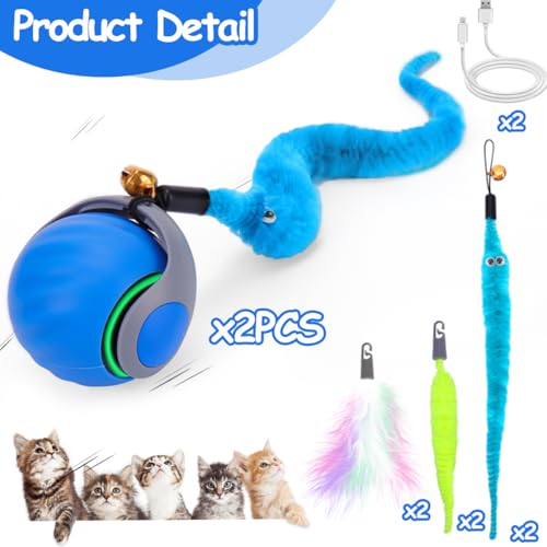 Image of 2PCS Interactive Cat Toy Ball, Rechargeable Cat Toys for Indoor Cats | with Feather Tails for Kittens Chasing, Motion Activated Ball for Enrichment, Automatic Rolling Toys to Keep Them Busy Blue