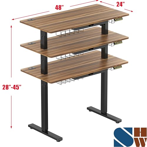 Image of SHW 48-Inch Electric Height Adjustable Standing Desk with Drawer, Memory Preset and Cable Management Tray, Walnut