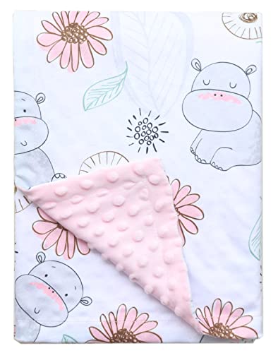 Image of Kleitung Soft Plush Minky Baby Blanket for Boys Girls Unisex with Print Animal Pattern Double Layer Dotted Backing Bed Throws for Baby Crib Receiving for Newborns (pinkhippo), 30*40inch