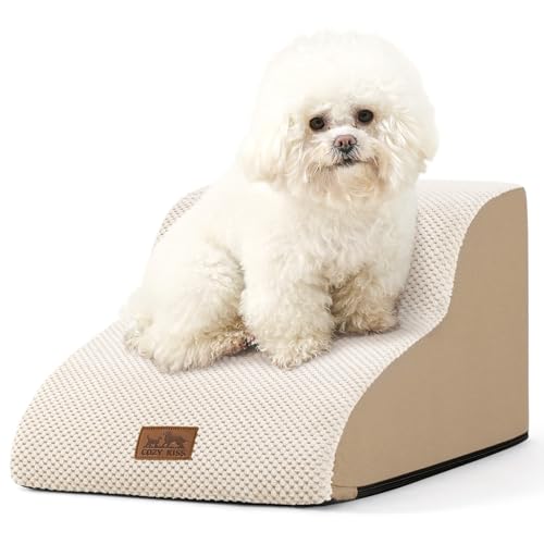 COZY KISS Hundetreppe für Kleine Hunde, Haustiertreppe für Couch aus Hochdichtem Schwamm, Hunde Treppe Hunderampe mit Waschbarem Bezug und Rutschfestem Boden (Beige, 2 Stufen (40x50x30cm), 2)