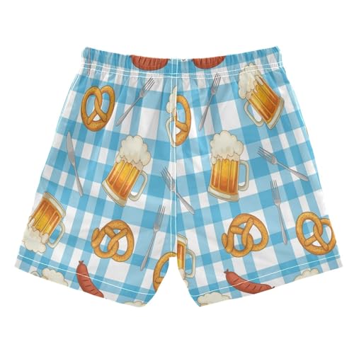 Boys Swim Trunk Quick Dry Blue Checkered Beer and Pretzel Board Shorts Swimwear 6-12T2