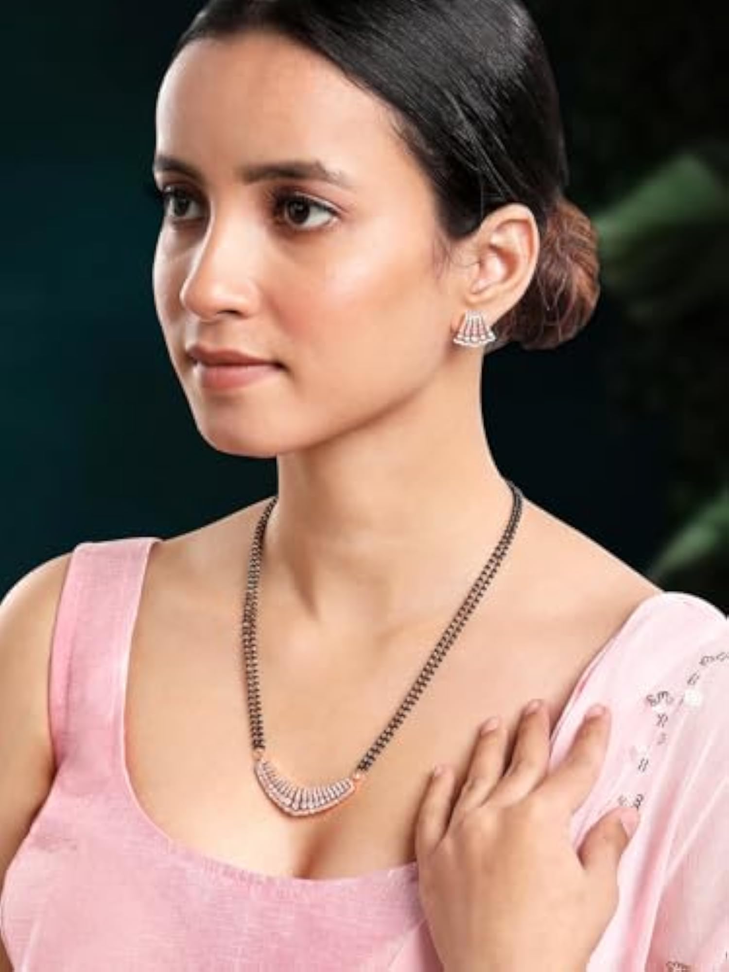 Women's Plated Cubic Zirconia Studded Pendant Mangalsutra Stud Earring Set