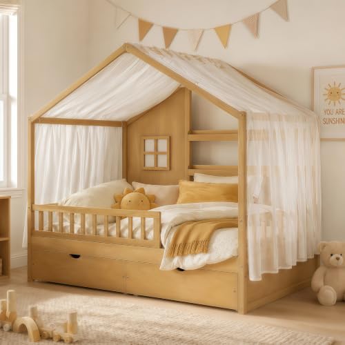 Image of Bellemave Twin House BedFrame with Canopy and Storage Drawers, Montessori Bed, House Bed with Rails for Kids, Natural