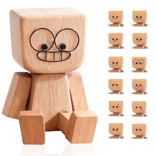 Swiftctrl Hombre de Madera Tambaleante Robot de Madera con 12 Expresiones Faciales Intercambiables - Figura Tambaleante Divertida para Decorar (Lazo)