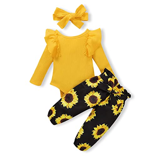Amissz Baby Kleidung Mädchen Langarm T-Shirt Top + Hose Kleinkind Babykleidung Set mit Stirnband für 0-4 Jahre (Gelb, 12-18 Monate) Cover