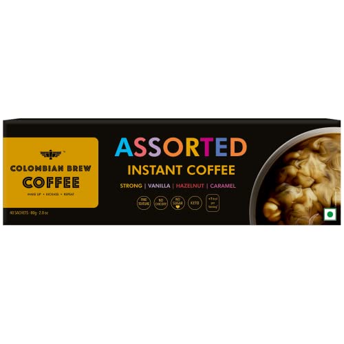 Image of COLOMBIAN BREW COFFEE Colombian Brew Assorted Instant Coffee Powder Box |Gift Pack Box Diwali, Rakhi| 80Gm|Strong,Vanilla,Hazelnut,Caramel| (Pack of 3)