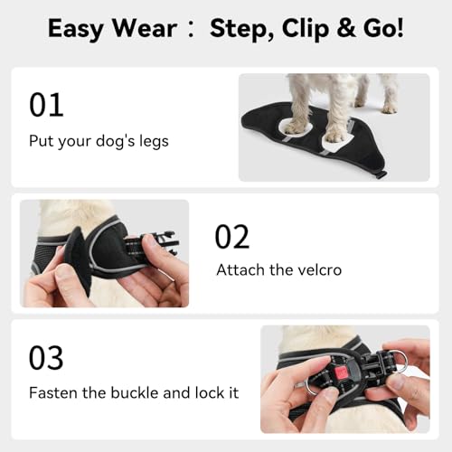 Joytale Hundegeschirr, Reflektierend Weich Gepolstert Hunde Geschirr, Air-Mesh Atmungsaktiv Brustgeschirr für Mittelgroße Hunde, XL, Schwarz