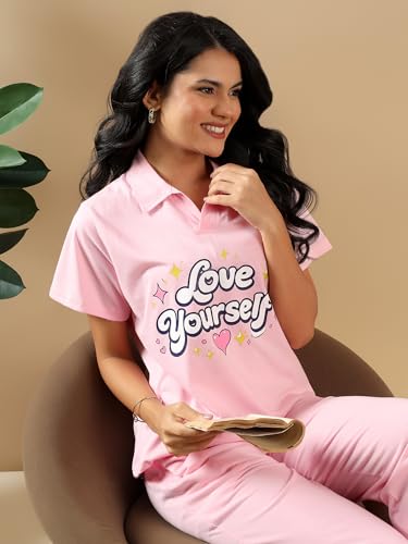 Image of Kvetoo Women Solid Tracksuit Set Cotton Lounge Wear Set Half Sleeve Polo T-Shirt & Straight Pant Casual Travel Outfit