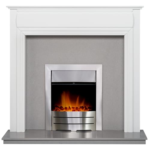 Adam Honley Fireplace in Pure White & Grey with Downlights & Colorado Electric Fire in Brushed steel, 48 Inch