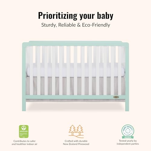 Image of Dream On Me Ridgefield 5-in-1 Convertible Full-Size Baby Crib in Mint & White, GreenGuard Gold & JPMA, 4 Mattress Heights, Converts to Toddler, Day & Full-Size Bed, Solid Wood Design