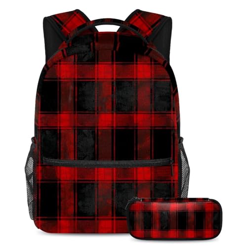 Sac à dos à motif tartan noir et rouge avec trousse pour l'école et voyage