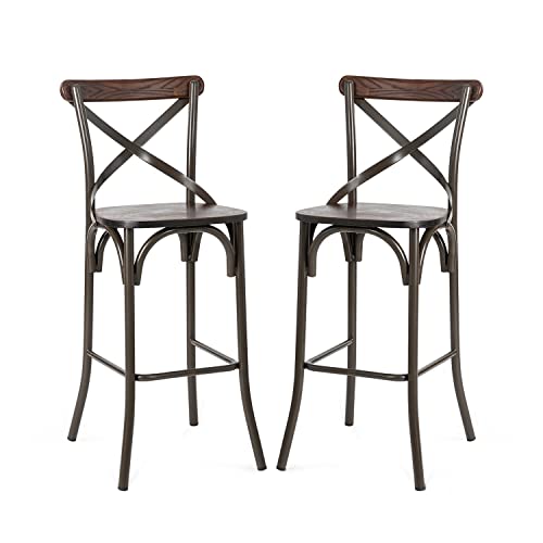 Glitzhome 43" H Rustic Steel Bar Stool with Solid Elm Wood Seat and Back Support Kitchen Bar Height Stool Chairs, Set of 2 - Image 10