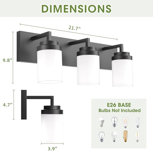 Image of Bathroom Vanity Light, 3 Light Matte Black Vanity Light with White Matte Glass Shade, 22in Farmhouse Wall Light, Lighting Fixtures Over Mirror for Bathroom /Living Room