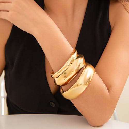 CJIAYUJEW 3PCS Chunky Gold Bangle Bracelets for Women Gold Wide Chunky Cuff Bracelets Hammered Wrist Cuff Wrap Bracelet Set for Women3