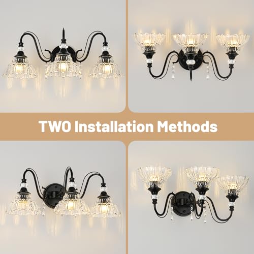 Image of Black Bathroom Vanity Light, 3-Light Matte Black Finish Farmhouse Wall Sconce with Hanging Crystal Accents and Flower-Shaped Clear Glass Shades, Retro Wall Mount Vanity Light Over Mirror for Bathroom