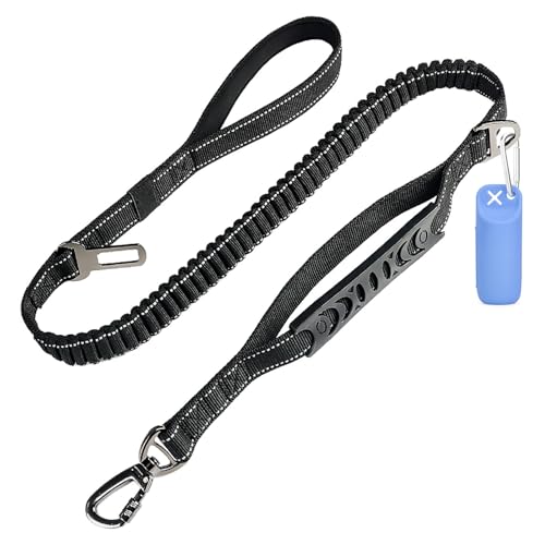 Dog Leash for Large Medium Dogs Heavy Duty,No Pull Bungee Dog Leashes with Poop Bag Holder and Car Seatbelt, Shock Absorbing Big Dog Training Lead Leash with 2 Padded Traffic Handle,Black,4ft -6ft