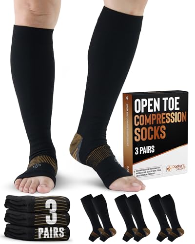 Doctor's Select 3 Pairs Copper Toeless Compression Socks for Men - 20-30 mmHg Compression Socks Men Open Toe, Toeless Socks, Black with Copper