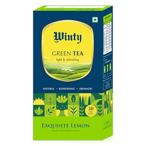 Image of Winty Exquisite Lemon Green Tea - 30 Compostable Tea Bags | Aromatic Blend Lemon & Peach | For Body Detox, Immunity and Weight Management | Herbal Tea Bags | Low Caffeine | No Preservatives