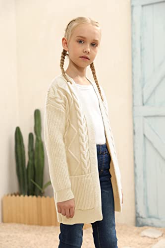 Image of Ermonn Girls Kids Open Front Cardigans Sweaters Long Sleeve Knit Cute Sweater Outwears with Pockets for 5-14 Years White