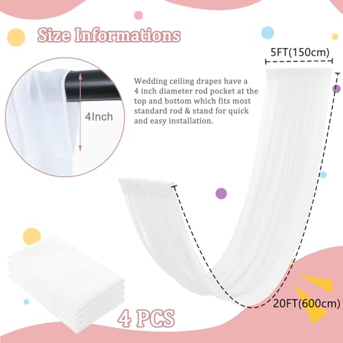 Image of FOTSHARER Ceiling Drapes for Weddings White Ceiling Drapes 5x20FT Wide 4 Panels Tulle Curtain Panels Ceiling Ceiling Fabric Draping Fabric for Bedroom Ceremony Chiffon Curtain Backdrop Decorations
