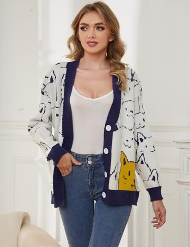 Image of Gihuo Women Cat Sweater Oversized Cute Kawaii Cardigan Knit Graphic V Neck Loose Fit Long Sleeve Cardigan Coat