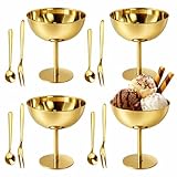 YITOBA 4 Pack Stainless Steel Ice Cream Bowls, 7 oz Small Dessert Cups with Spoons, Cute Ice Cream Dishes, Reusable Decorative Footed Bowl for Sundae, Pudding, Fruit Salad (Gold)