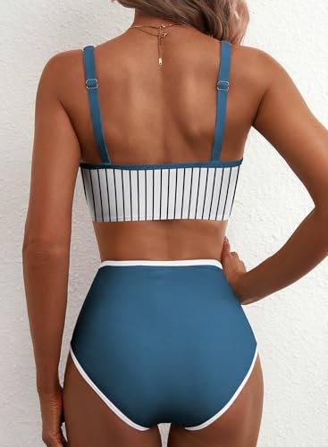 Herseas Womens High Waisted Bikini Sets Deep V Neck Seashell Decor Swimsuits 2026 Summer Supportive 2 Piece Slimming Bathing Suit Hawaiian Beach Vacation Essentails Stripe with Dusty Blue Medium — view 2