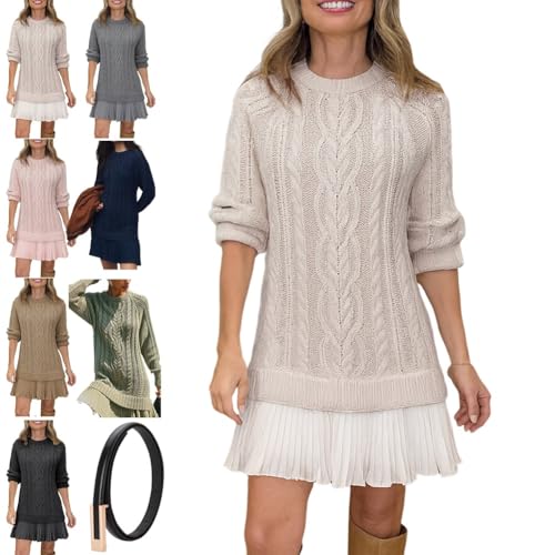 Women Crewneck Cable Knit Sweater Mini Dress,...