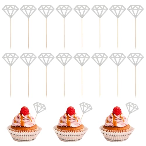 Heclia Diamond Ring Cake Toppers Glitter 50Pcs Wedding Bridal Shower Cupcake Decorations Engagement Cupcake Toppers Anniversary Party Supplies Valentines Day Cake Picks, Cardboard Flags 5.12 X 1.97 In