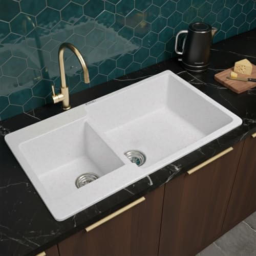 Image of EVANEX Quartz Kitchen Sink|Double Bowl Sink for Kitchen|Topmount /Undermount Kitchen Sinks|Rosa Double Sink with Connector, Waste Pipe, Coupling and Drain Basket|34x20x9 Granite Kitchen Sinks