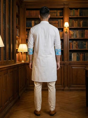 Image of Men's Jamdani Printed Kurta Pajama Set | Pure Cotton Ethnic Kurta with Mandarin Collar & Dupion Silk Pyjama | Festive & Weddings 303A12A 303SB12B(M XXL)