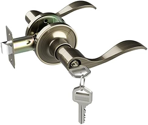 Ohuhu Door Handle, Bronze Door Knobs Interior Exterior Door Lock Lever with Key Antique Brass for Bedroom Bathroom Privacy not Keyed Alike Wave Style Entry locksets Zinc Alloy