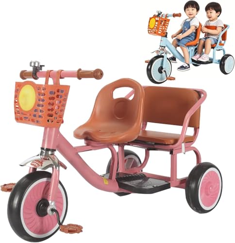 Pink,JIYIAN Kids Tricycle,Backrest Wide Footrest of Rear Seat Child Trike Cute Basket Toddler Baby Ride on Bike Toy 3-Wheel Bike with 2-Seater and 3 Wheels for Twins Boys Girls