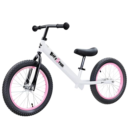 Bicystar 16 Inch Kids Balance Bike for 5-8 Year Old, No Pedals, Air Tires, Footrests, Adjustable Height for Big Boys, Girls, White